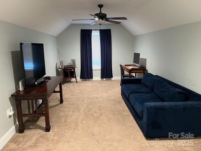 49 S Sundrops Trl, Cullowhee, NC 28723 - living area featuring light colored carpet, a ceiling fan, lofted ceiling, and baseboards