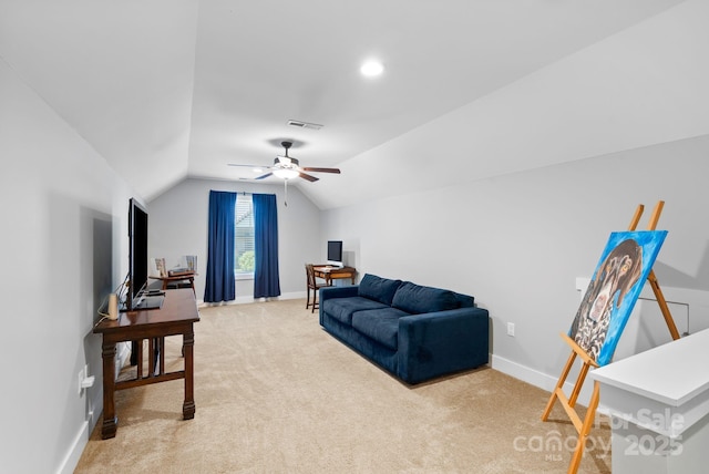 49 S Sundrops Trl, Cullowhee, NC 28723 - living room with vaulted ceiling, a ceiling fan, and light colored carpet