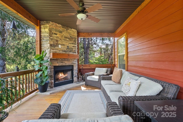 49 S Sundrops Trl, Cullowhee, NC 28723 - wooden terrace featuring an outdoor living space with a fireplace and ceiling fan