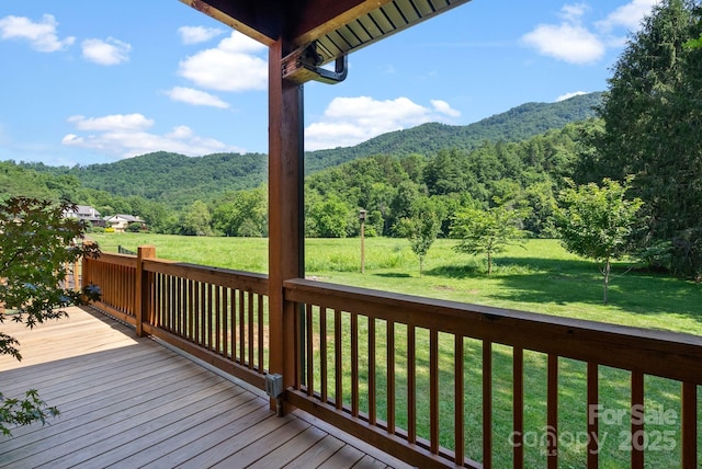 49 S Sundrops Trl, Cullowhee, NC 28723 - wooden terrace with a mountain view, a lawn, and a forest view