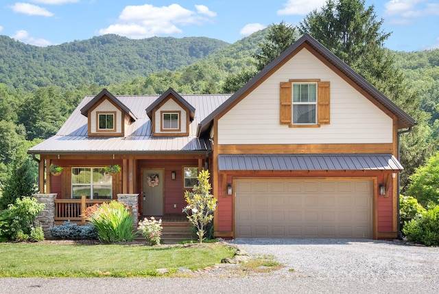 49 S Sundrops Trl, Cullowhee, NC 28723 - view of front of home featuring a mountain view, gravel driveway, a porch, and a metal roof