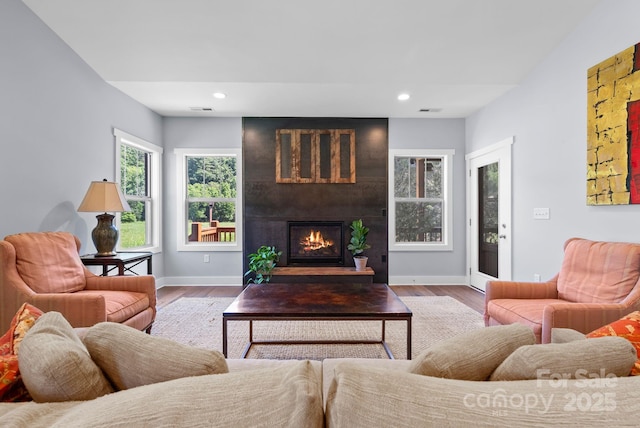 49 S Sundrops Trl, Cullowhee, NC 28723 - living room featuring a large fireplace, wood finished floors, and recessed lighting
