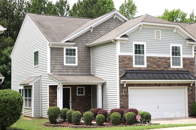 10726 Greenhead View Rd, Charlotte, NC 28262 - view of front of house featuring stone siding, a garage, a shingled roof, and a standing seam roof