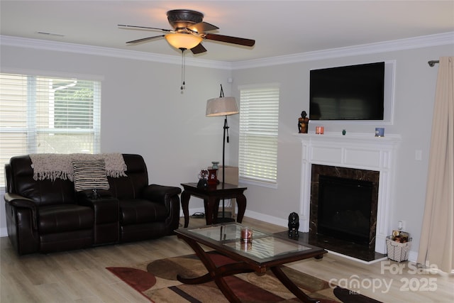 10726 Greenhead View Rd, Charlotte, NC 28262 - living room with light wood-style floors, ceiling fan, a premium fireplace, and crown molding
