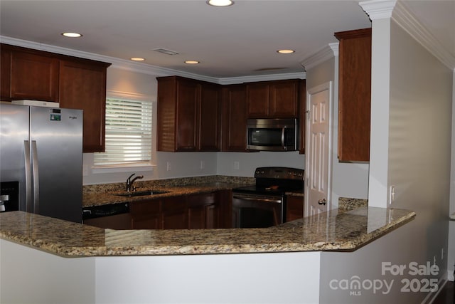 10726 Greenhead View Rd, Charlotte, NC 28262 - kitchen with stainless steel appliances, stone counters, recessed lighting, a peninsula, and ornamental molding