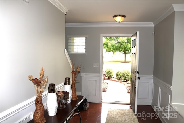 10726 Greenhead View Rd, Charlotte, NC 28262 - foyer entrance with crown molding, a wainscoted wall, a decorative wall, and wood finished floors