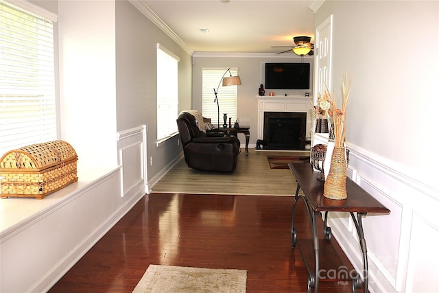 10726 Greenhead View Rd, Charlotte, NC 28262 - living room with ornamental molding, a ceiling fan, a fireplace, wood finished floors, and a wainscoted wall