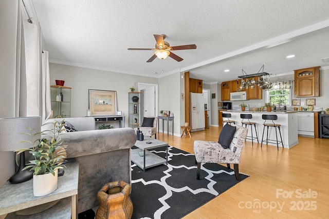 118 Grain Dr, Stony Point, NC 28678 - living area featuring a textured ceiling, light wood-style flooring, ceiling fan, ornamental molding, and recessed lighting