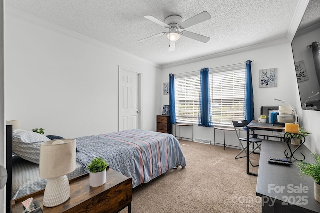 118 Grain Dr, Stony Point, NC 28678 - carpeted bedroom with ornamental molding, a textured ceiling, and ceiling fan