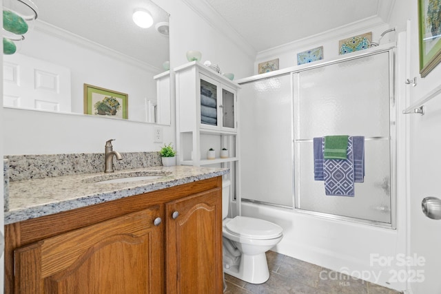 118 Grain Dr, Stony Point, NC 28678 - bathroom featuring ornamental molding, vanity, bath / shower combo with glass door, and tile patterned flooring