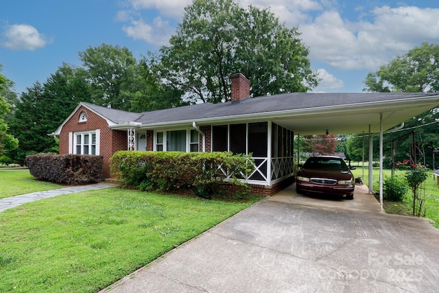205 Hillcrest Ave, Rock Hill, SC 29732 - view of front of property with driveway, a front lawn, brick siding, a chimney, and an attached carport