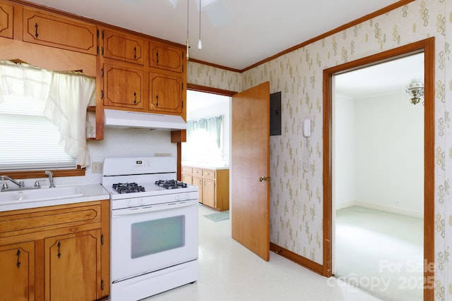 205 Hillcrest Ave, Rock Hill, SC 29732 - kitchen with white gas range oven, wallpapered walls, crown molding, under cabinet range hood, and light countertops