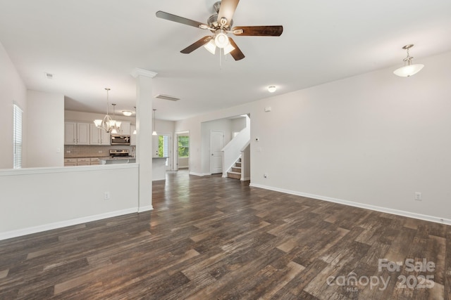 3107 Riker St, Clover, SC 29710 - unfurnished living room with dark wood-style flooring, a ceiling fan, stairway, baseboards, and a chandelier