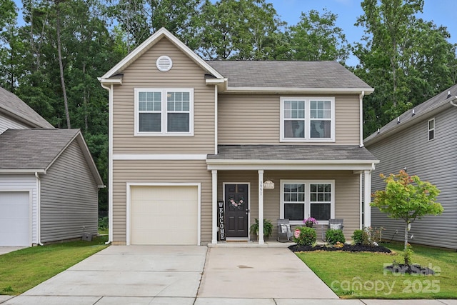 3951 Tersk Dr, Midland, NC 28107 - traditional-style house featuring a porch, concrete driveway, roof with shingles, a front lawn, and a garage