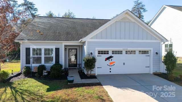 16142 Commodore Dr, Lancaster, SC 29720 - ranch-style house featuring board and batten siding, a garage, a shingled roof, and concrete driveway