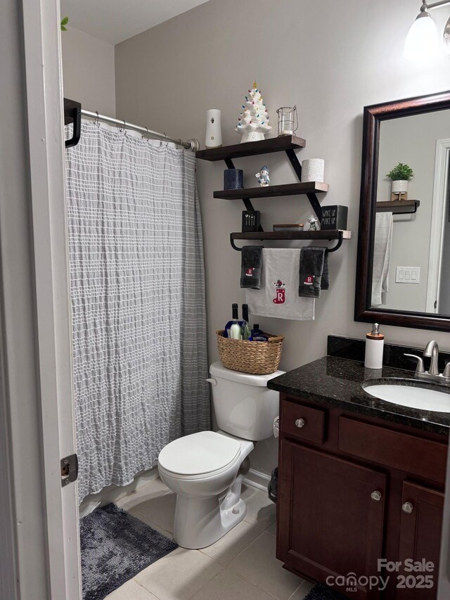 16142 Commodore Dr, Lancaster, SC 29720 - bathroom with vanity, toilet, tile patterned floors, and curtained shower