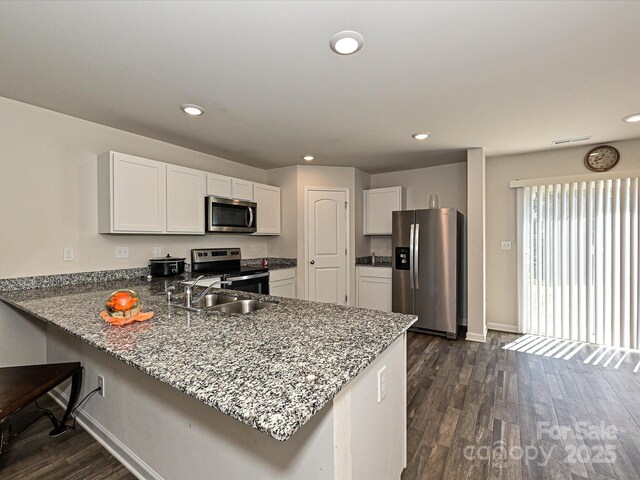 323 J C Dellinger Rd, Cherryville, NC 28021 - kitchen with appliances with stainless steel finishes, a peninsula, dark wood-style flooring, white cabinets, and light stone countertops