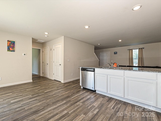 323 J C Dellinger Rd, Cherryville, NC 28021 - kitchen featuring stainless steel dishwasher, dark wood finished floors, white cabinets, dark stone countertops, and recessed lighting
