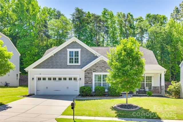 14727 Brannock Hills Dr, Charlotte, NC 28278 - view of front facade with stone siding, concrete driveway, and a front yard