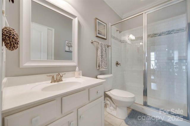 14727 Brannock Hills Dr, Charlotte, NC 28278 - full bathroom featuring crown molding, a stall shower, vanity, toilet, and tile patterned flooring