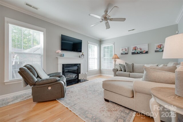 14727 Brannock Hills Dr, Charlotte, NC 28278 - living area featuring a ceiling fan, ornamental molding, a fireplace, baseboards, and wood finished floors