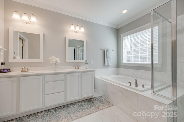 14727 Brannock Hills Dr, Charlotte, NC 28278 - full bathroom with a garden tub, double vanity, ornamental molding, marble look tile flooring, and an enclosed shower
