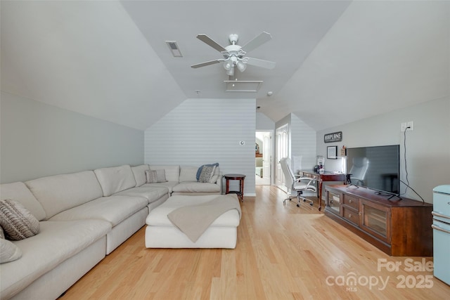 14727 Brannock Hills Dr, Charlotte, NC 28278 - living area featuring lofted ceiling, light wood-style floors, ceiling fan, and a desk