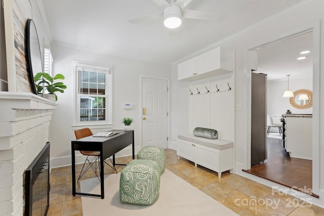 6938 Wrentree Dr, Charlotte, NC 28210 - mudroom with a brick fireplace, ornamental molding, a ceiling fan, and baseboards