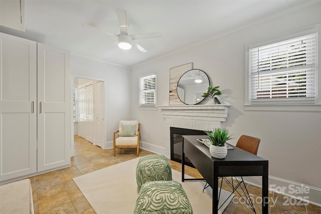 6938 Wrentree Dr, Charlotte, NC 28210 - office with a brick fireplace, ceiling fan, ornamental molding, and baseboards