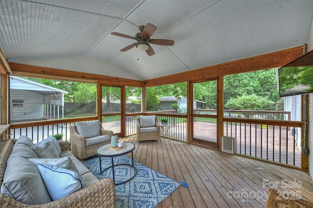 6938 Wrentree Dr, Charlotte, NC 28210 - sunroom / solarium with an outdoor living space, lofted ceiling, ceiling fan, and healthy amount of natural light