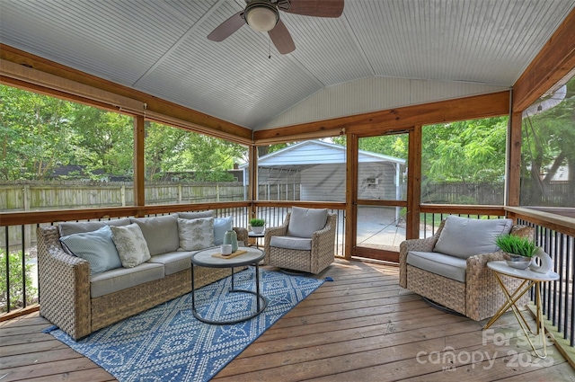 6938 Wrentree Dr, Charlotte, NC 28210 - sunroom featuring lofted ceiling, outdoor lounge area, and a ceiling fan
