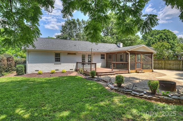 6938 Wrentree Dr, Charlotte, NC 28210 - back of house featuring crawl space, brick siding, a sunroom, a wooden deck, and a patio area