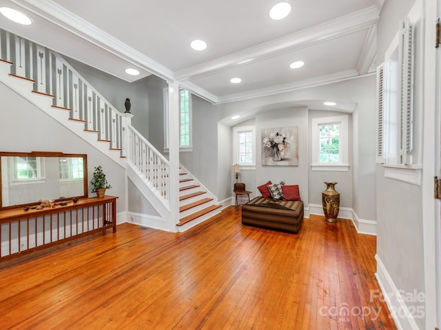 128 W End St, Chester, SC 29706 - foyer entrance with hardwood / wood-style flooring, stairs, ornamental molding, baseboards, and recessed lighting