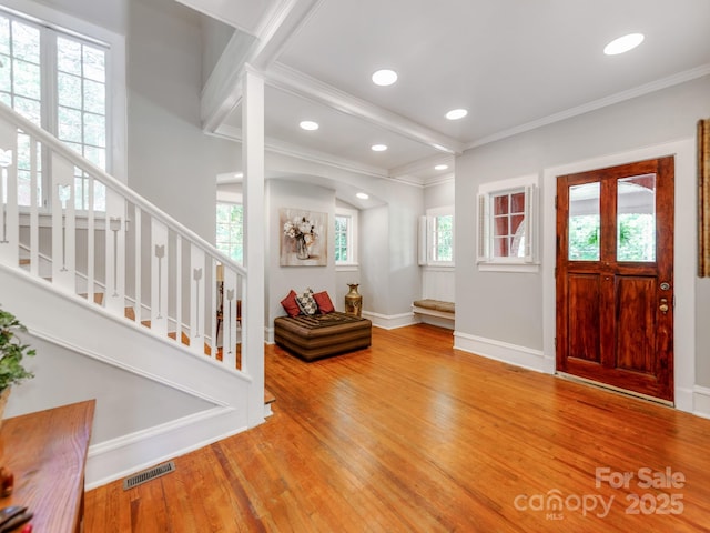 128 W End St, Chester, SC 29706 - entryway with crown molding, wood finished floors, stairway, recessed lighting, and baseboards