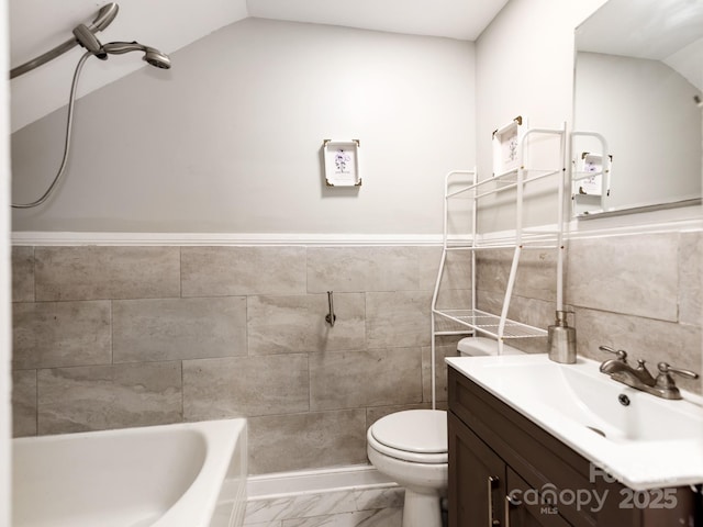 128 W End St, Chester, SC 29706 - full bathroom with vaulted ceiling, vanity, a tub, marble look tiles, and toilet