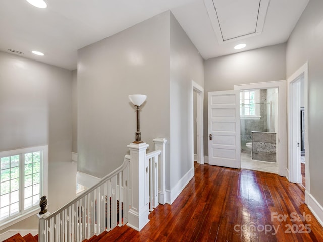 128 W End St, Chester, SC 29706 - corridor with an upstairs landing, hardwood / wood-style flooring, attic access, baseboards, and recessed lighting