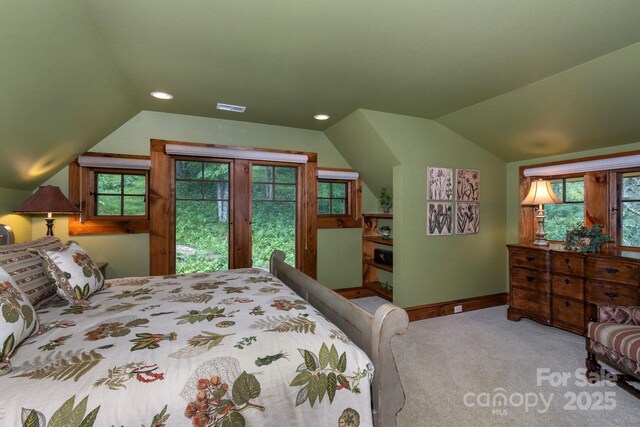 610 Rocky Pkwy Unit 52, 47A, Banner Elk, NC 28604 - bedroom with vaulted ceiling, carpet flooring, baseboards, and recessed lighting