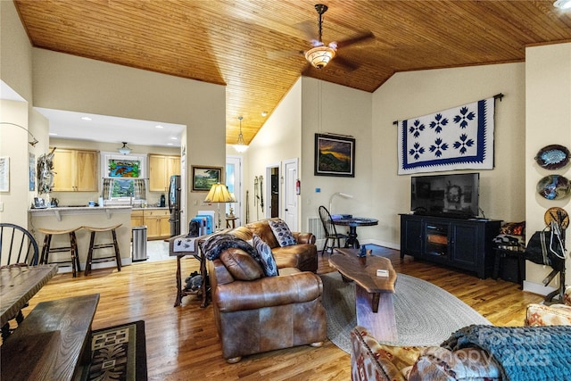 172 Juneberry Ln, Tuckasegee, NC 28783 - living room with wood ceiling, a ceiling fan, light wood-style floors, and high vaulted ceiling