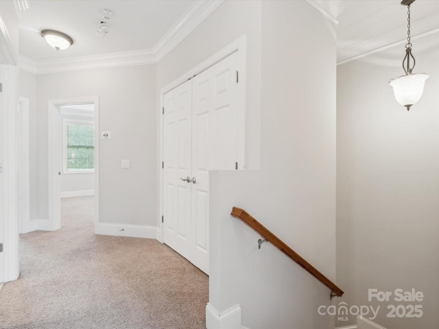 705 Congressional Ln, Fort Mill, SC 29708 - hallway featuring carpet, ornamental molding, an upstairs landing, and baseboards