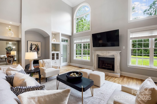 3324 Greenhurst Dr, Weddington, NC 28104 - living area with a towering ceiling, healthy amount of natural light, baseboards, built in features, and light wood-type flooring