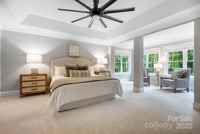 3324 Greenhurst Dr, Weddington, NC 28104 - carpeted bedroom with a raised ceiling, ornamental molding, baseboards, and a ceiling fan