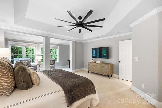 3324 Greenhurst Dr, Weddington, NC 28104 - bedroom with a tray ceiling, light carpet, baseboards, a ceiling fan, and ornamental molding
