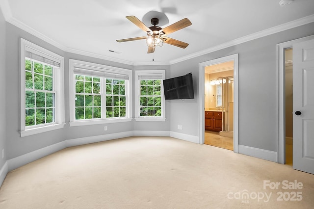 3324 Greenhurst Dr, Weddington, NC 28104 - unfurnished bedroom featuring light colored carpet, baseboards, crown molding, connected bathroom, and ceiling fan