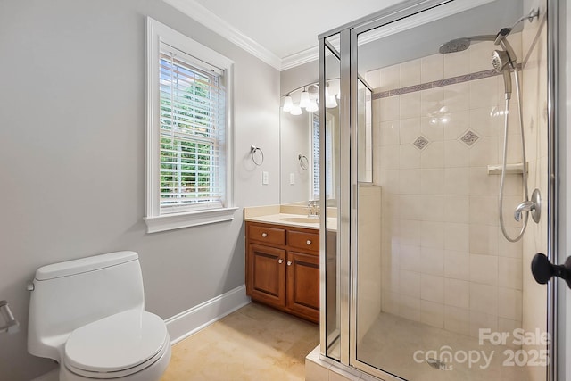 3324 Greenhurst Dr, Weddington, NC 28104 - bathroom featuring vanity, crown molding, a shower stall, toilet, and baseboards