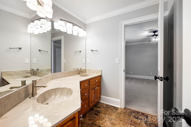3324 Greenhurst Dr, Weddington, NC 28104 - full bathroom featuring double vanity, ornamental molding, ceiling fan, and baseboards