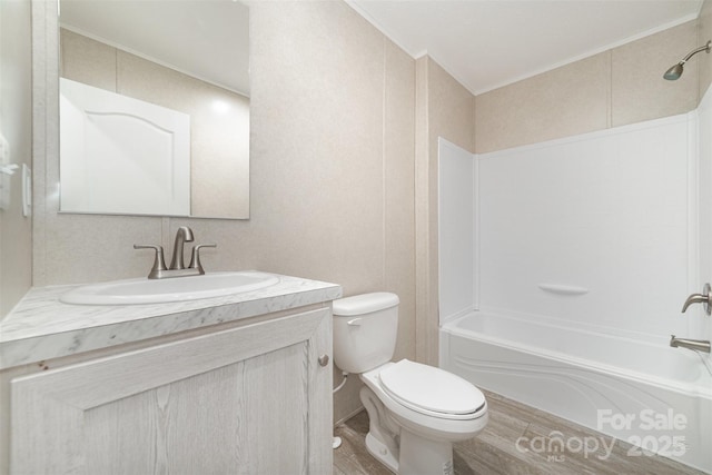 5090 Beaver Dam Way, Bessemer City, NC 28016 - full bathroom with wood finished floors, vanity, shower / bath combination, and ornamental molding