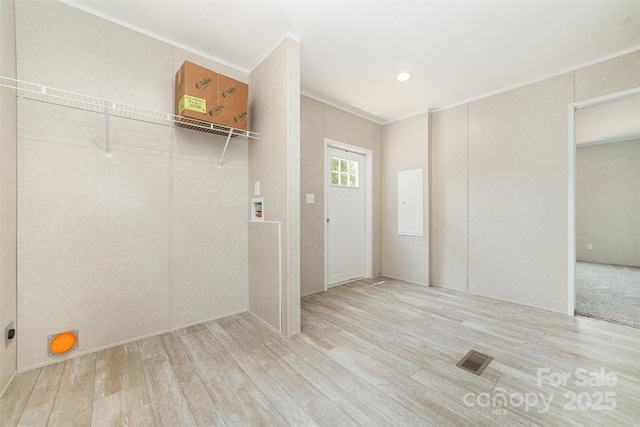 5090 Beaver Dam Way, Bessemer City, NC 28016 - laundry room featuring wood finished floors, crown molding, and recessed lighting