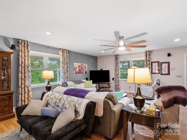 138 Down To Earth Dr, Burnsville, NC 28714 - living room with plenty of natural light, ceiling fan, wood finished floors, and recessed lighting