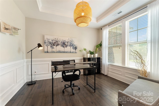 1906 Pensco Pond Ct, Waxhaw, NC 28173 - office space with a raised ceiling, dark wood finished floors, a decorative wall, ornamental molding, and a wainscoted wall