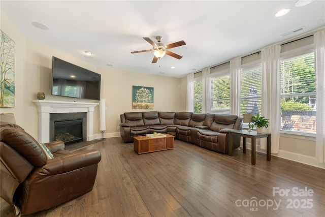 1906 Pensco Pond Ct, Waxhaw, NC 28173 - living area featuring ceiling fan, healthy amount of natural light, hardwood / wood-style flooring, and recessed lighting